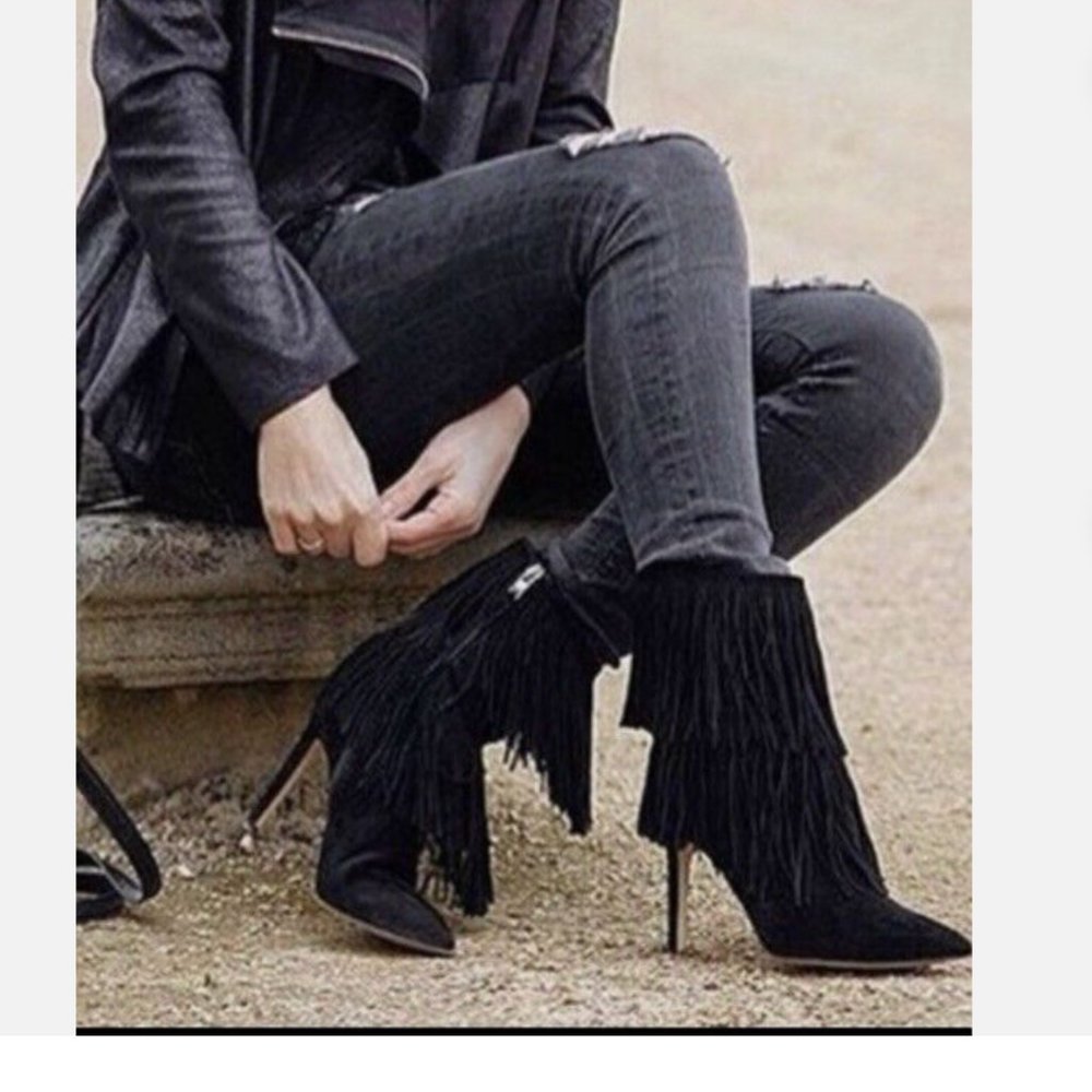 Sam Edelman 'Belinda' Fringed Suede Pointy Toe Boot- Black Suede Size 8M